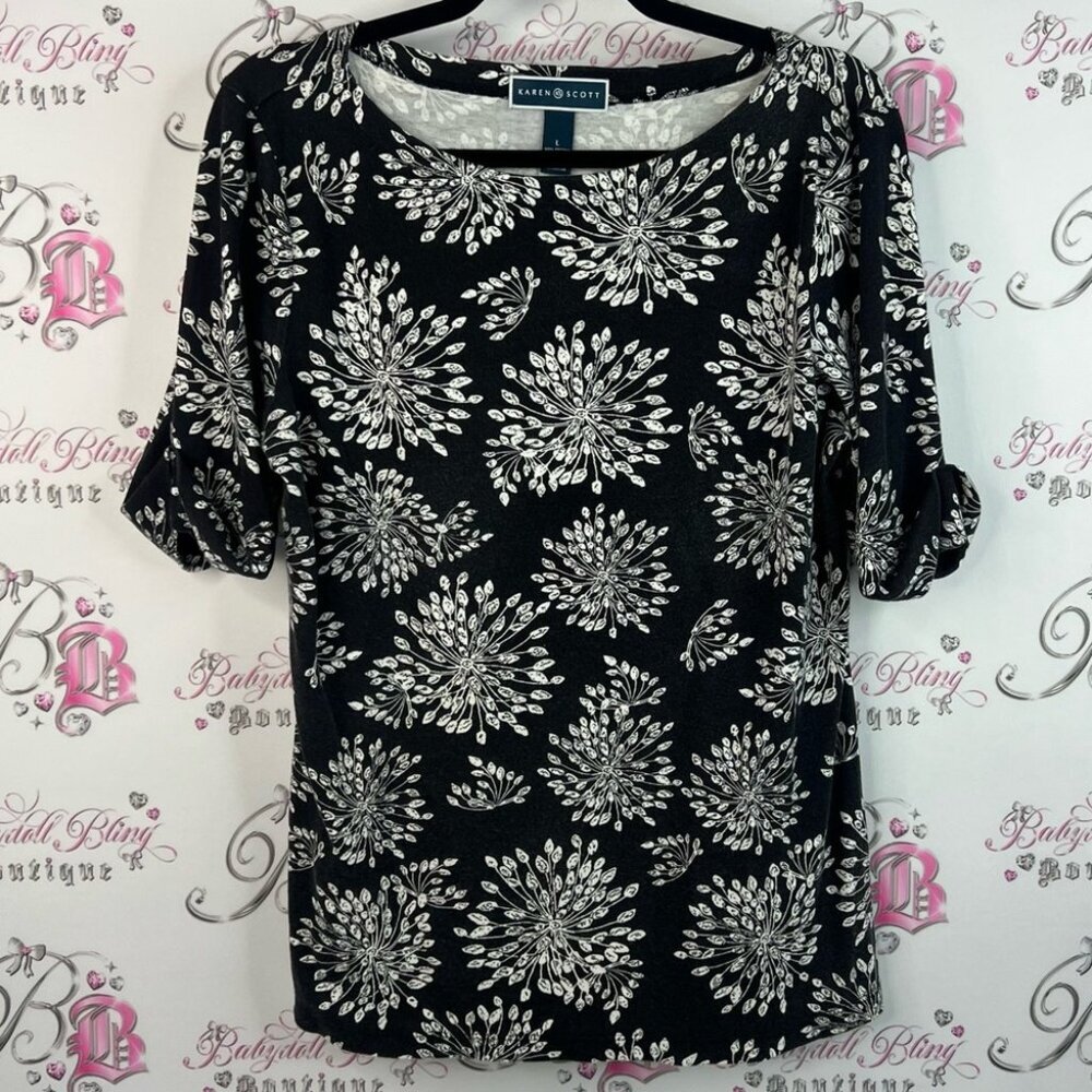 Karen Scott top shirt firework flowers floral  Black and White Floral Blouse